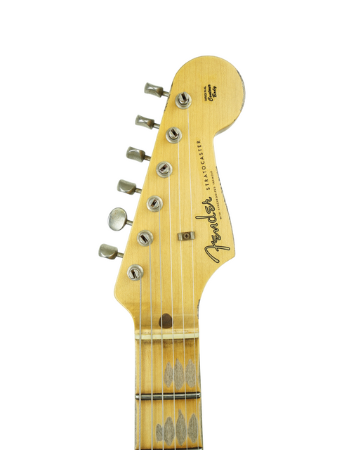 Close-up of a Fender Custom Shop EL Diablo Strat guitar highlighting the neck and headstock details.