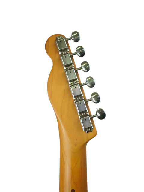 Close-up of a guitar headstock with tuning pegs on a white background.