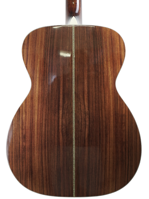 Close-up of a wooden guitar's body showing rich wood grain and center seam detail.
