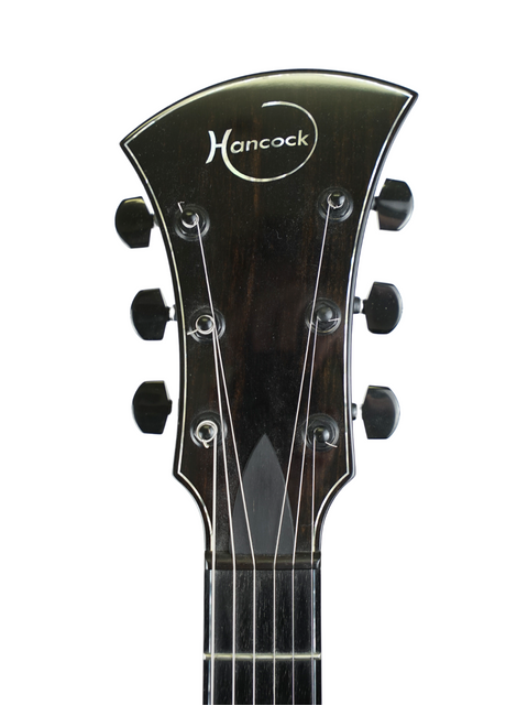 Close-up of the Hancock Phantom Custom Archtop guitar headstock showcasing 'x - korina' for a premium feel and design.