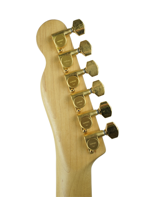 Close-up shot of the neck of a 1994 David Hart Pro Hart Telecaster, featuring intricate details and a stunning design.