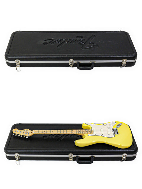 Closed black guitar case above, and same case open with yellow guitar inside below.