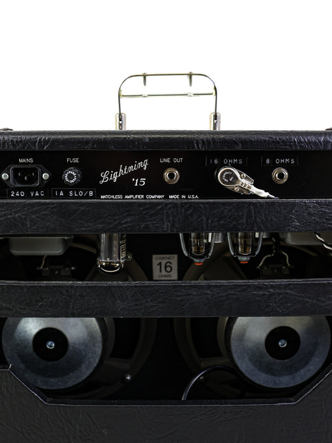 Detailed view of a Matchless Lightning 15 Combo amplifier from 1997, showcasing its dual speaker setup.