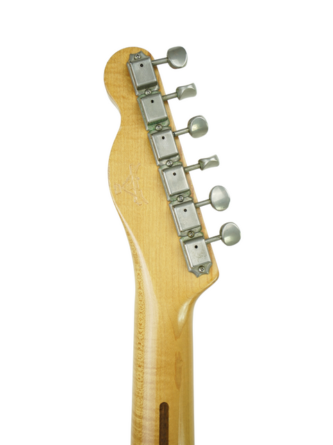 Detailed view of a guitar neck featuring a pickup, highlighting the Fender Custom Shop Cunetto Nocaster Relic from 1998.