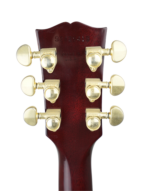 Detailed view of the headstock from a 1995 Gibson Jimmy Page Signature Les Paul, featuring a stunning Honeyburst design.