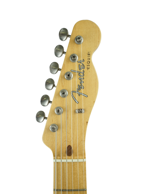 Detailed view of the headstock from a 2003 Fender Custom Shop '59 Esquire Journeyman Relic electric guitar, highlighting its features.