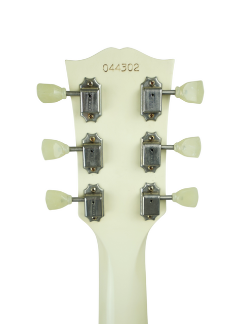 Detailed view of the headstock from a 2014 Gibson Custom Shop Les Paul SG Standard electric guitar.
