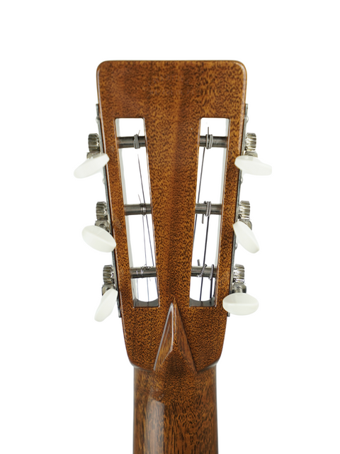 Detailed view of the headstock from a Martin 000-28K Authentic 1921 acoustic guitar, highlighting its classic features and finish.