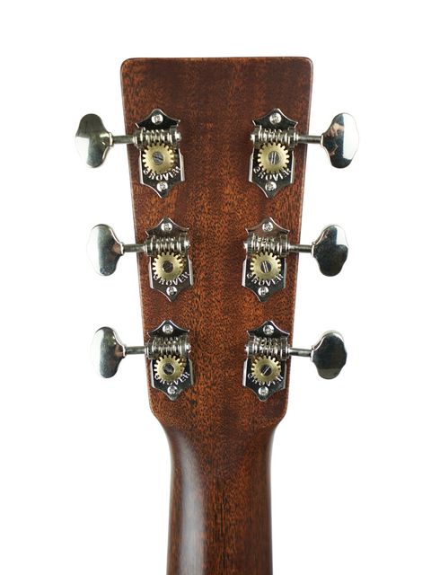 Detailed view of the headstock on a Martin 000-18 acoustic guitar, highlighting its elegant features from the USA, 2023.
