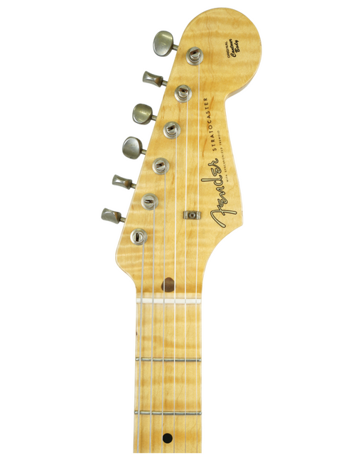 Detailed view of the neck of a Fender Kyle McMillin Masterbuilt '57 Stratocaster Wildwood Spec electric guitar from 2022.