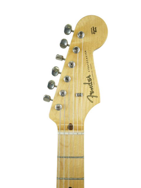 Detailed view of the neck of a Fender Paul Waller Masterbuilt '56 Stratocaster, highlighting its elegant finish and craftsmanship.