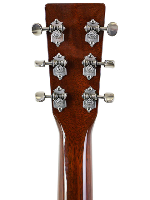 Detailed view of the neck of a Martin D-18 Authentic 1937 acoustic guitar, highlighting four tuning knobs for precise adjustments.