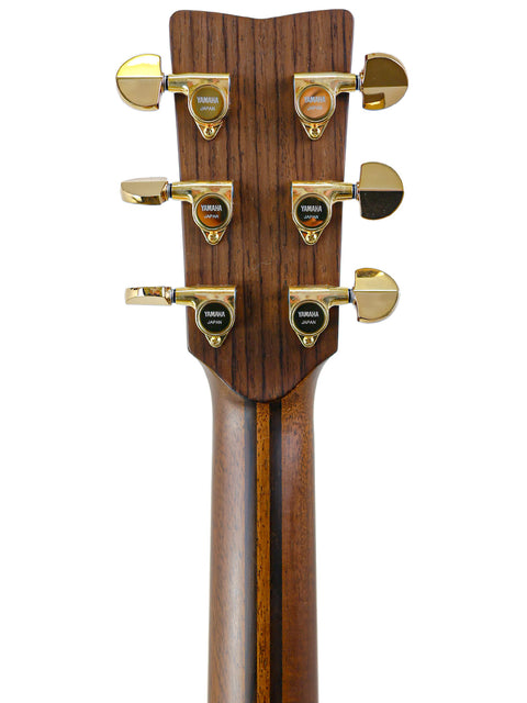 Detailed view of the neck of a Yamaha LS36 ARE acoustic guitar, highlighting the stunning gold hardware from Japan, 2020 model.