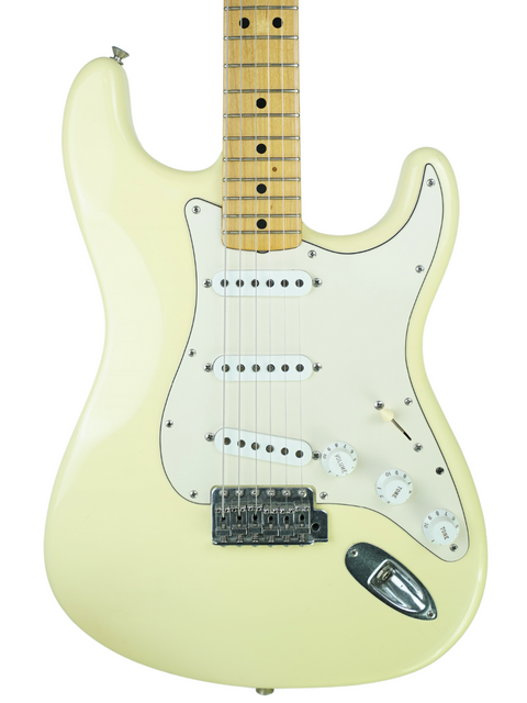 Fender Custom Shop white electric guitar with a white pickguard, Limited Edition Reverse Proto Stratocaster, 2006.
