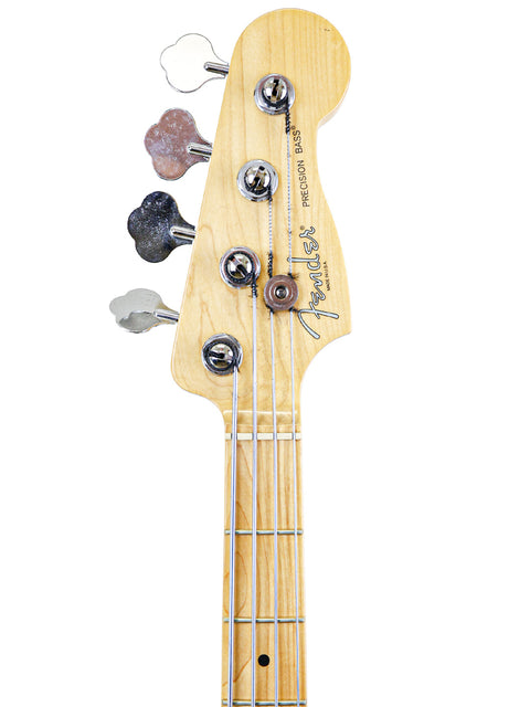 Headstock and neck of a Fender Precision bass guitar with tuning pegs against a white background.
