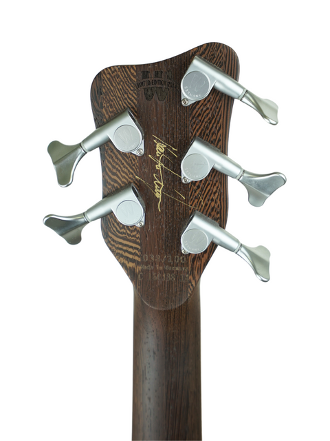 Headstock detail of a Warwick Fortress Limited Edition Nirvana 5-string guitar, showcasing craftsmanship from Germany, 2014.