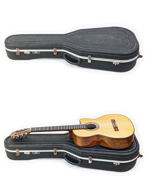 Image displays two perspectives of a Robin Moyes Custom guitar and case from Australia, 2002, highlighting their exquisite details.