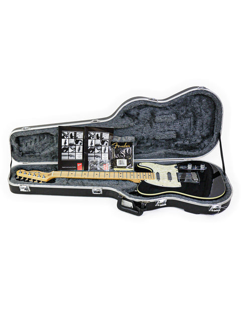 Inside a black guitar case lies a Fender Tele Plus V2, USA model from 1999, highlighting its elegant form and style.