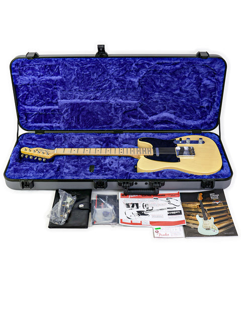 Inside a blue guitar case lies a Fender Custom Shop 70th Anniversary Broadcaster, crafted in the USA, 2020 edition.