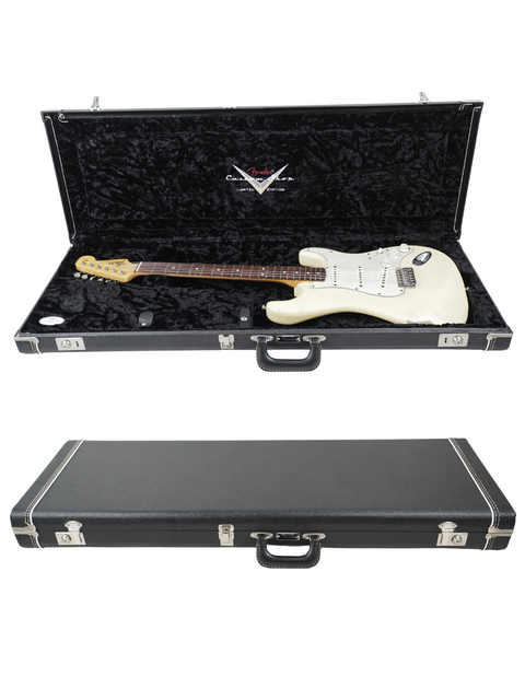 Inside a guitar case lies a white Fender Custom Shop Limited '64 Stratocaster Relic from 2009.