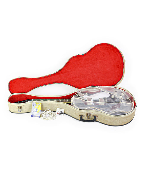 Inside a red and white guitar case, a vintage Silvertone 1446 guitar from 1961-65 is nestled, ready to play.