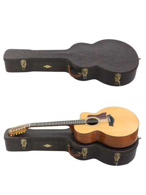 Inside a wooden case, two guitars are stored, showcasing a 1995 Taylor LKSM Leo Kottke 12-string from the USA.