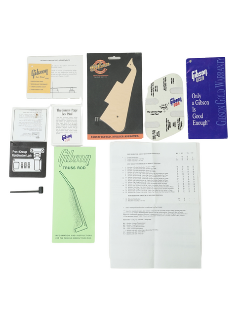 Instructions for a Gibson Jimmy Page Signature Les Paul Standard guitar and accessories, showcasing a Honeyburst finish.