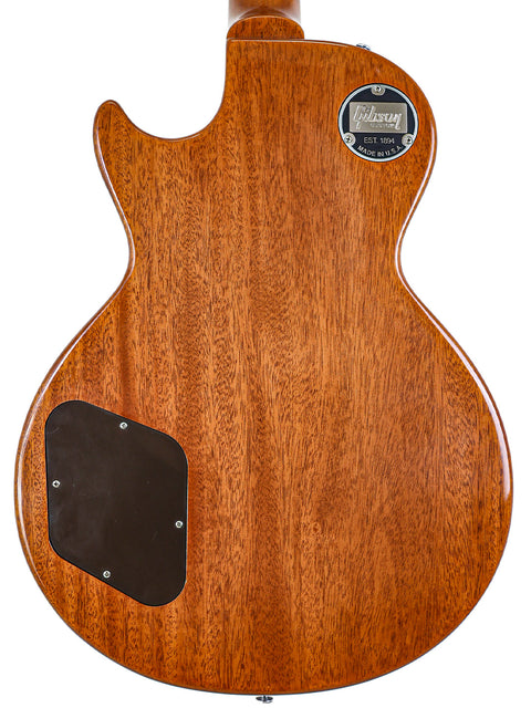 Rear angle of a Gibson Custom Shop LPR-7 1957 Les Paul Goldtop Reissue, showcasing its elegant wooden body design.