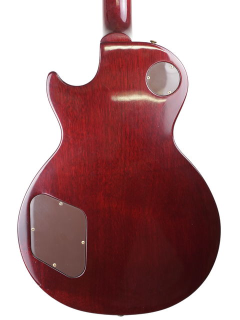 Rear angle of a red electric guitar, Gibson Jimmy Page Signature Les Paul Standard, Honeyburst, USA 1995, 1 of 400.