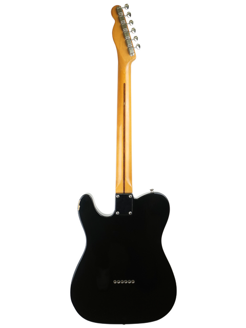 Rear view of a black electric guitar on a white background.