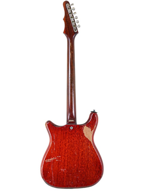 Red vintage Epiphone Crestwood Custom guitar from 1966, featuring a wooden body and neck, perfect for any music lover.
