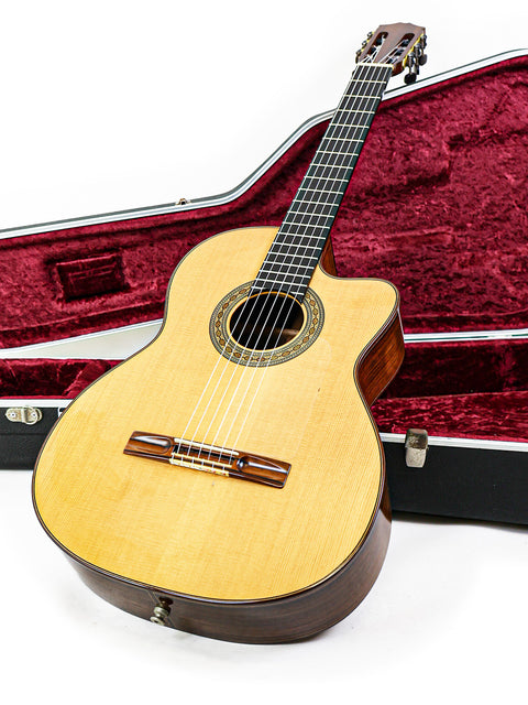 Robin Moyes Custom guitar rests in a red case, showcasing its craftsmanship from Australia, 2002.