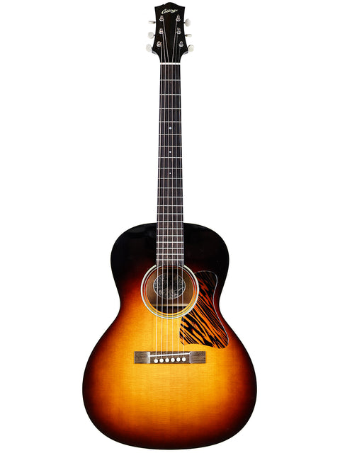 Sunburst acoustic guitar against a white background.