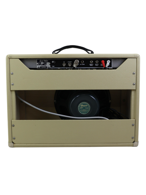 Tan guitar amplifier featuring a black cover, identified as 'Lucas Miles Custom Deluxe Combo - Aus 2016'.