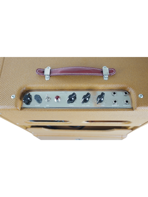 Tan guitar amplifier with a red handle, the Lazy J J-20 model, complete with an extension cabinet and reverb module from UK 2021.