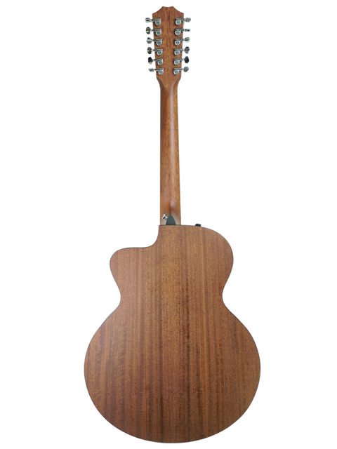 The back of a 2011 Taylor 355ce 12-string acoustic guitar, highlighting its stunning wooden craftsmanship.