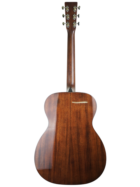 The back of a Martin 000-18 acoustic guitar, highlighting its beautiful wood grain and design, made in the USA in 2023.
