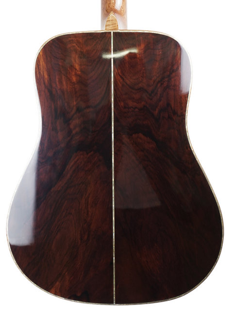 The back of a Philson Custom D-18 Style acoustic guitar, showcasing its beautiful cocobolo wood, made in Vietnam 2023.