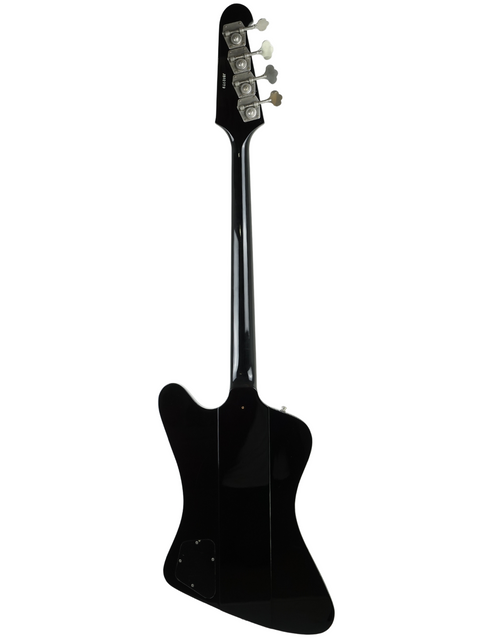 The image features a black electric guitar on a white background, highlighting its elegant shape and vibrant color contrast.