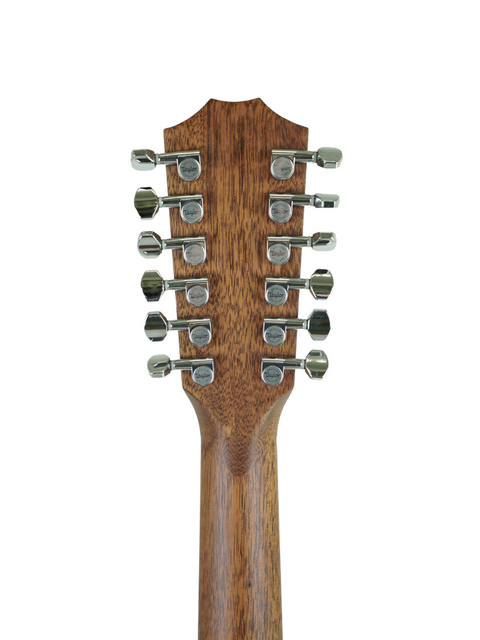 The neck of a 2011 Taylor 355ce 12-string acoustic guitar, featuring smooth wood grain and precise fret placement.