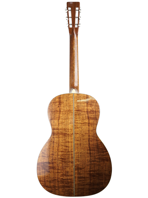 The wooden back of a Martin 000-28K Authentic 1921 acoustic guitar, highlighting its rich texture and classic design.