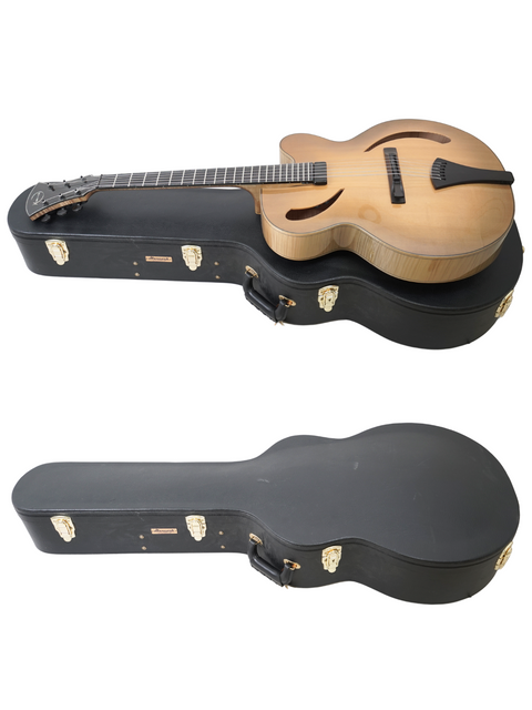 Two beautiful guitars secured in a case, highlighting the Hancock Phantom Custom Archtop from 2015, a must-have for music lovers.