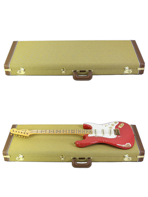 Two cases displayed, featuring a Fender 1956 Stratocaster Relic guitar, emphasizing its unique relic finish and quality.