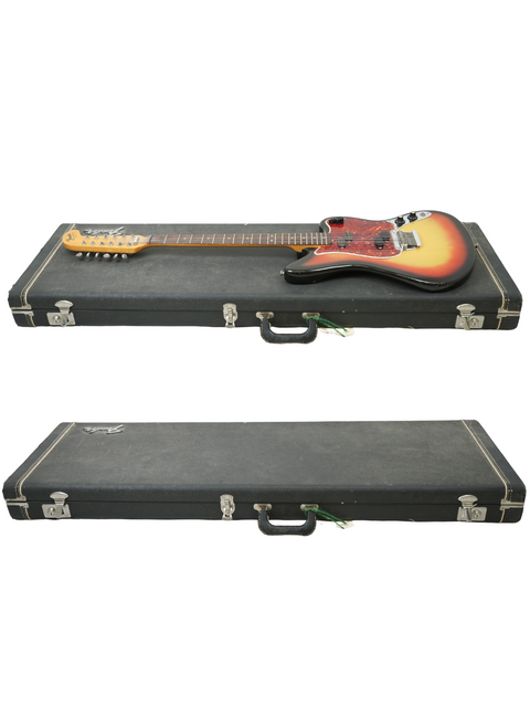 Two classic Fender Electric XII guitars from 1965 resting in a case, set on a bright white background.