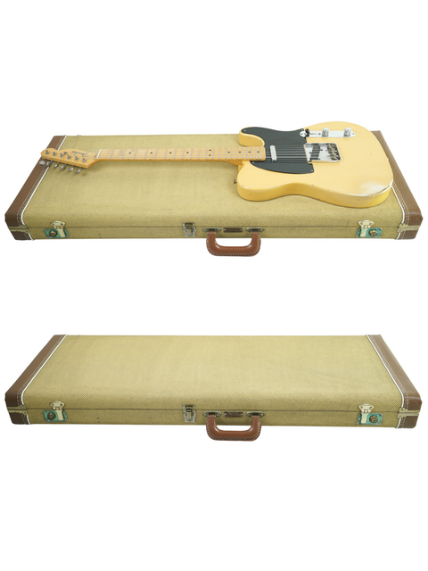 Two guitar cases with wooden handles, showcasing the Fender Custom Shop Cunetto Nocaster Relic, USA, 1998 model.