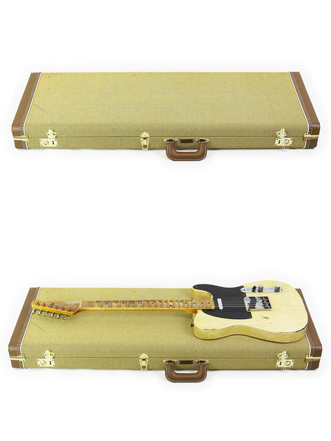 Two guitars in a case on a white background, featuring the Fender Custom Shop 70th Anniversary Nocaster from 2020.