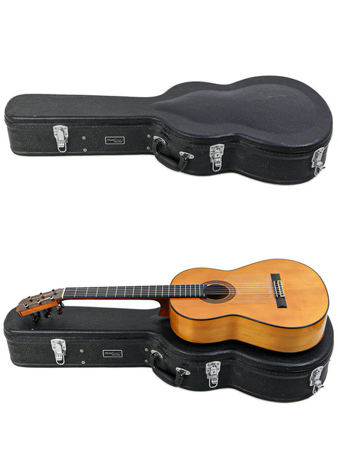 Two guitars, including a 1963 José Ramírez 2A Concepcion Jeronima #2, displayed in a case against a clean white backdrop.