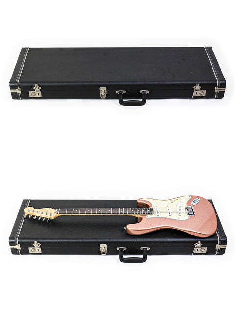 Two guitars, including a Fender Custom Shop Stratocaster, resting in a case against a white background.
