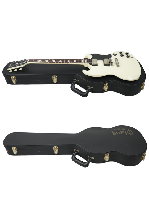Two guitars with white tops and black cases, representing a Gibson Custom Shop Les Paul SG Standard from 2014.