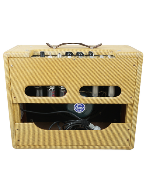 Victoria 20112-T Tweed Combo amplifier in yellow with a stylish black and white cover, made in the USA, 2004.